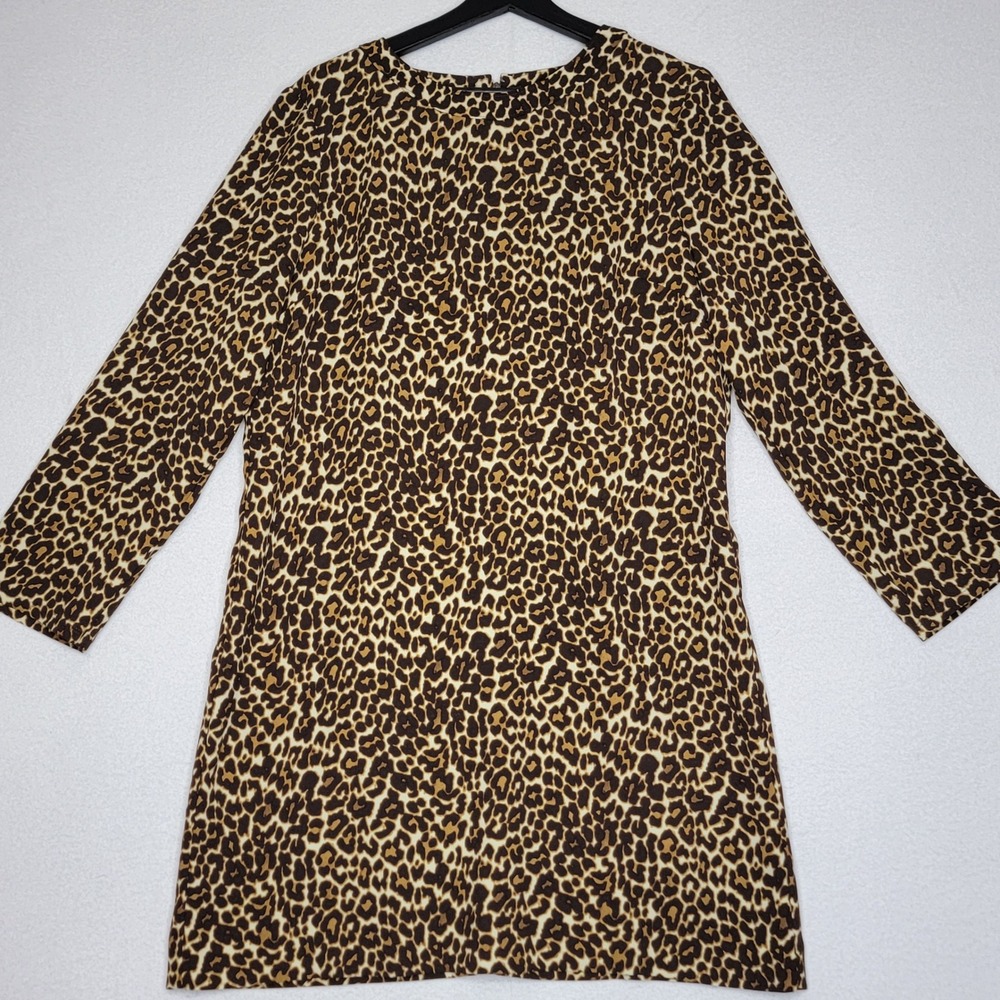 J.Crew Leopard Print Shift Dress Womens 14 Brown Tan Animal Print Long‎ Sleeve